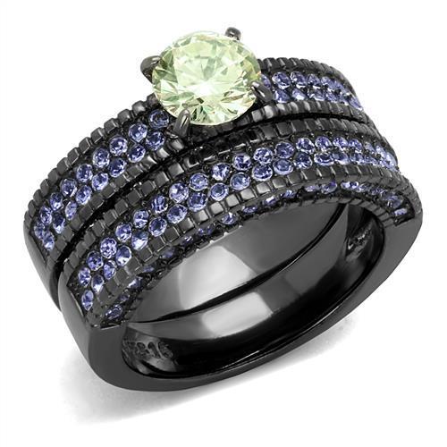 Women Stainless Steel Cubic Zirconia Ring with apple green stone and IP light black finish, showcasing elegance and durability.