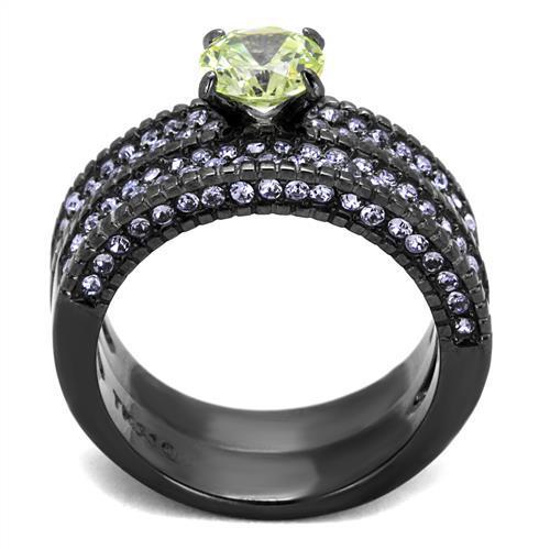 Women Stainless Steel Cubic Zirconia Ring with apple green stone and IP light black finish, showcasing elegance and durability.