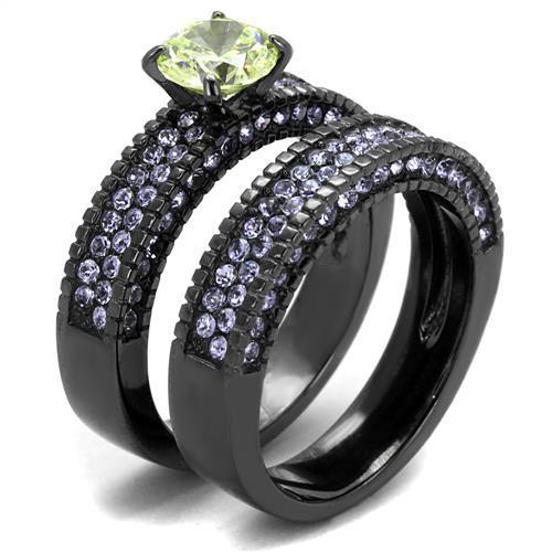 Women Stainless Steel Cubic Zirconia Ring with apple green stone and IP light black finish, showcasing elegance and durability.