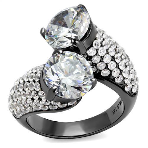 Women Stainless Steel Cubic Zirconia Ring with light black finish and clear round stones, showcasing elegance and style.