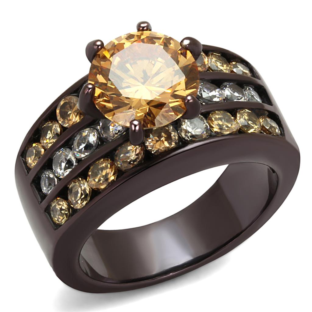 Elegant Women Stainless Steel Ring with Cubic Zirconia in dark brown finish and champagne round stones.