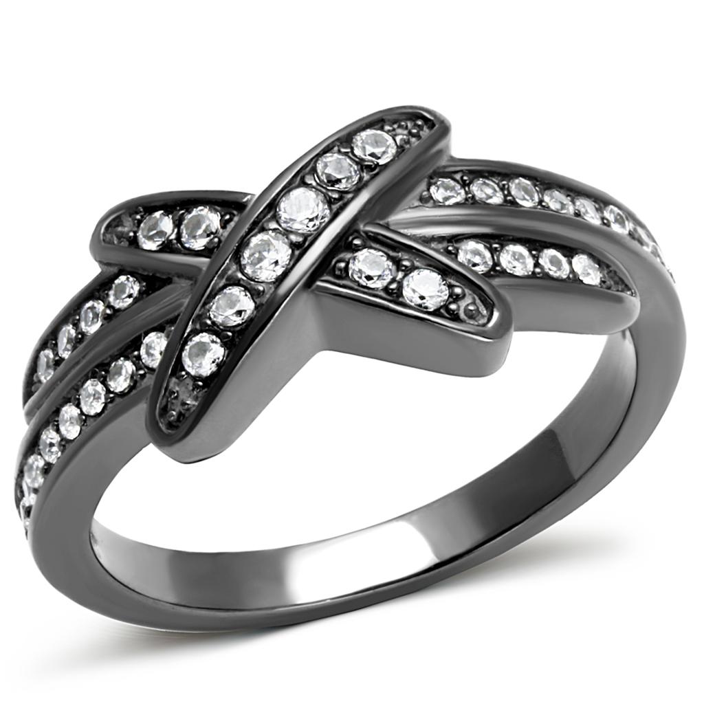 Women Stainless Steel Cubic Zirconia Ring TK2689 with light black finish and sparkling clear stones.