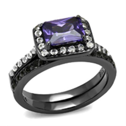 Elegant women’s stainless steel ring with cubic zirconia and tanzanite accents, featuring an IP light black finish.