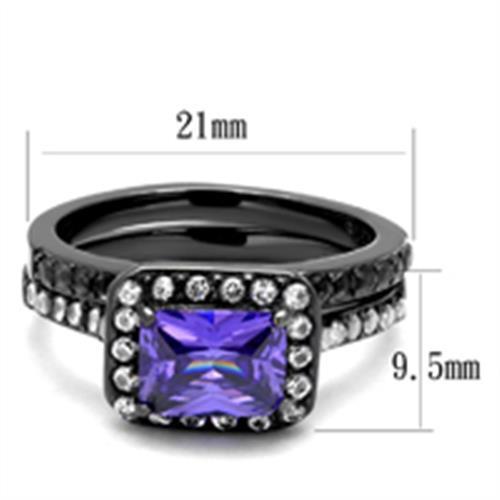 Elegant women’s stainless steel ring with cubic zirconia and tanzanite accents, featuring an IP light black finish.