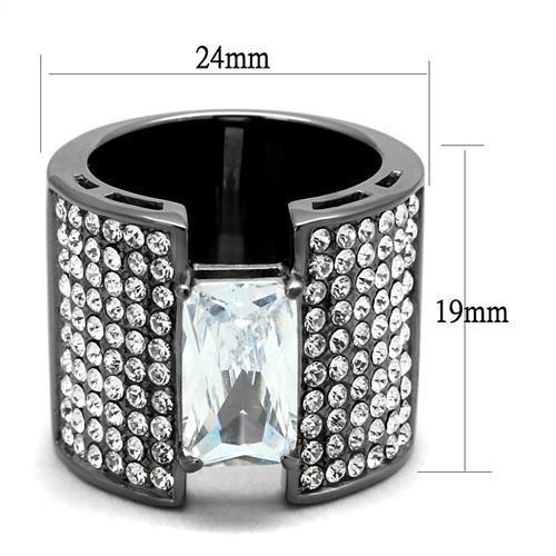 Women Stainless Steel Cubic Zirconia Ring with light black finish and clear stones in an oblong shape.