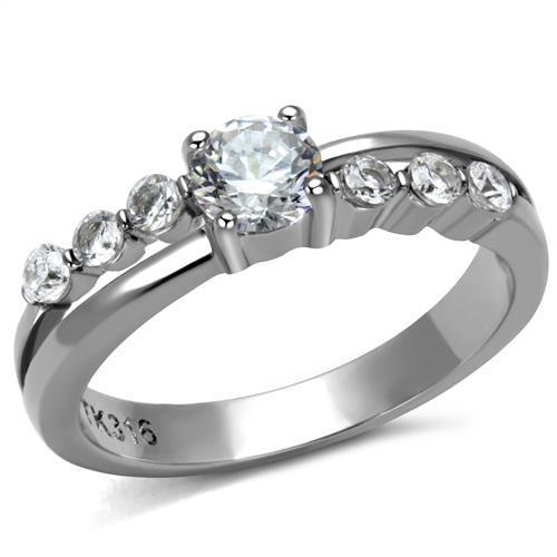 Elegant Women Stainless Steel Ring with Clear Cubic Zirconia, featuring a high-polished finish and round design.
