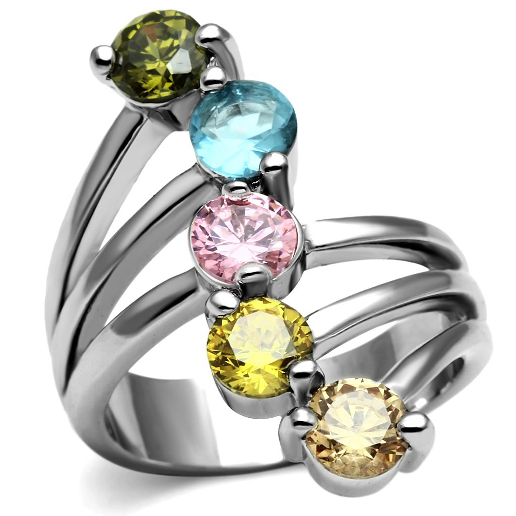 Elegant women’s stainless steel ring with multi-color cubic zirconia stones, showcasing a high-polished finish.