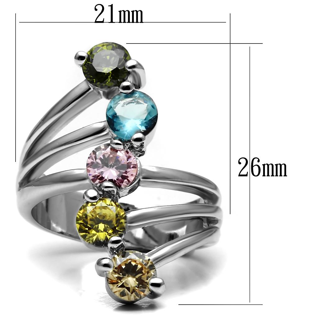 Elegant women’s stainless steel ring with multi-color cubic zirconia stones, showcasing a high-polished finish.