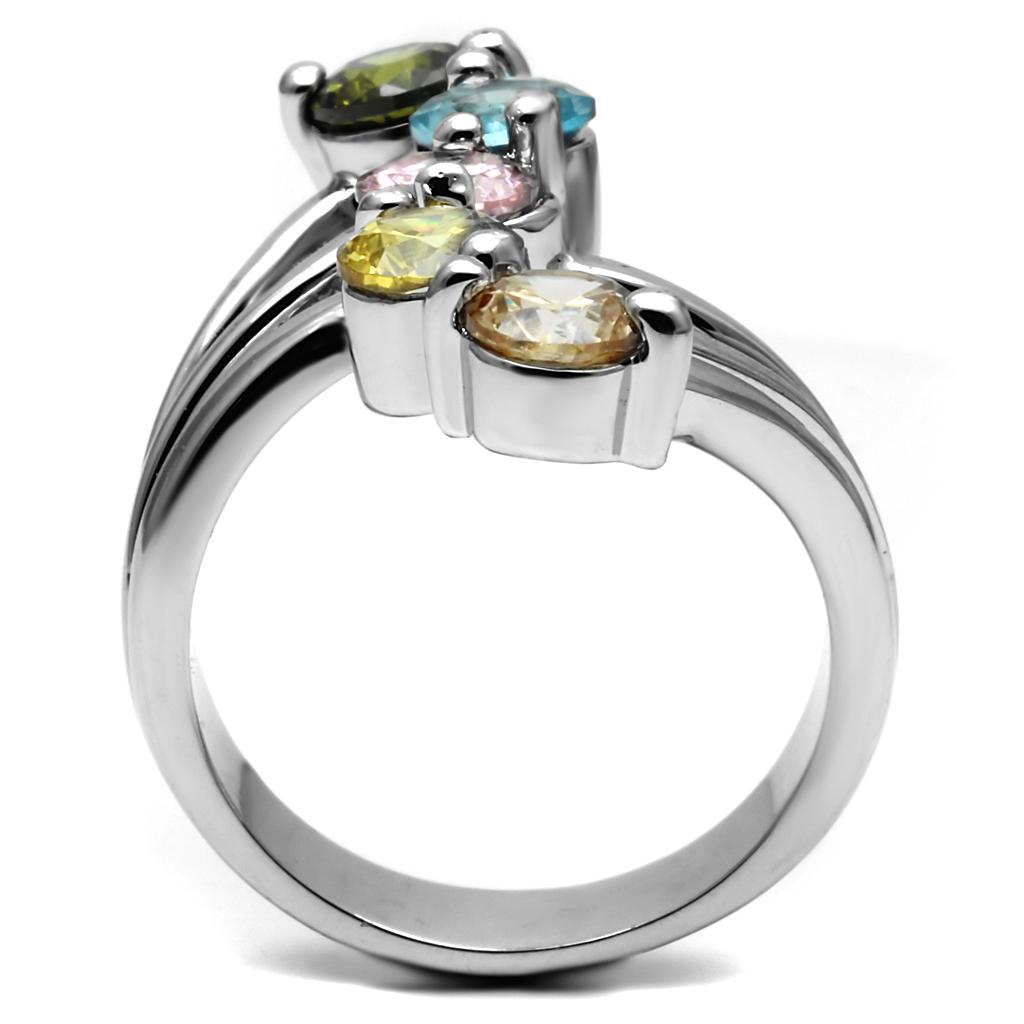 Elegant women’s stainless steel ring with multi-color cubic zirconia stones, showcasing a high-polished finish.
