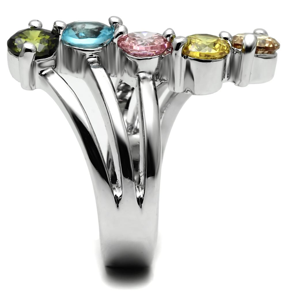 Elegant women’s stainless steel ring with multi-color cubic zirconia stones, showcasing a high-polished finish.