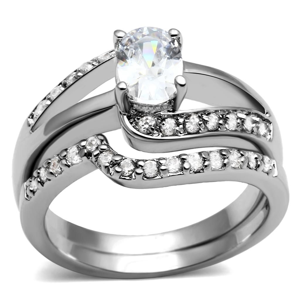 Elegant Women Stainless Steel Ring with Clear Cubic Zirconia Stones, high-polished finish, perfect for everyday wear.