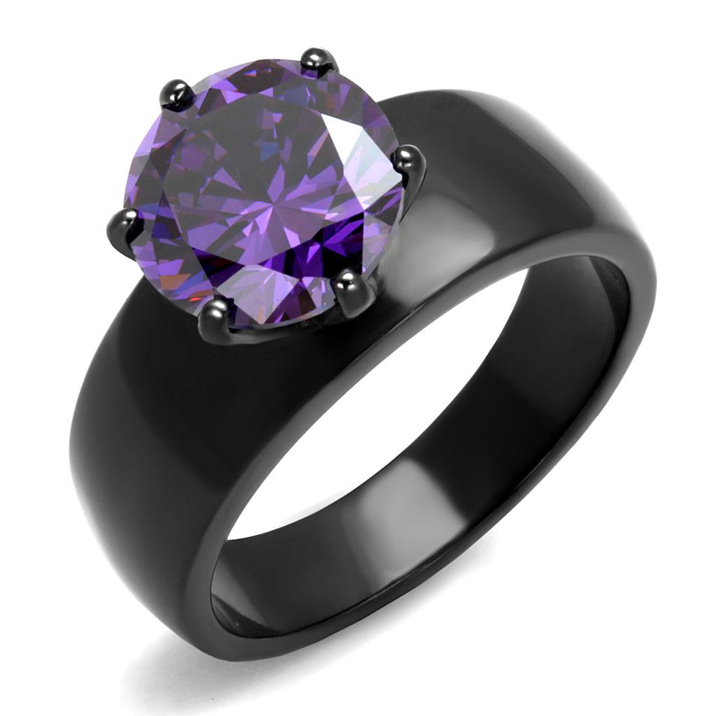 Elegant Women Stainless Steel Ring with Amethyst and Cubic Zirconia accents, featuring a sleek black ion plating.