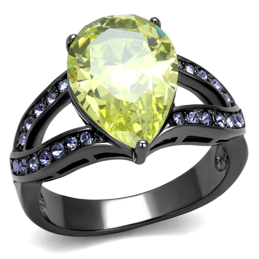 Women Stainless Steel Cubic Zirconia Ring in apple green pear shape with IP light black finish.