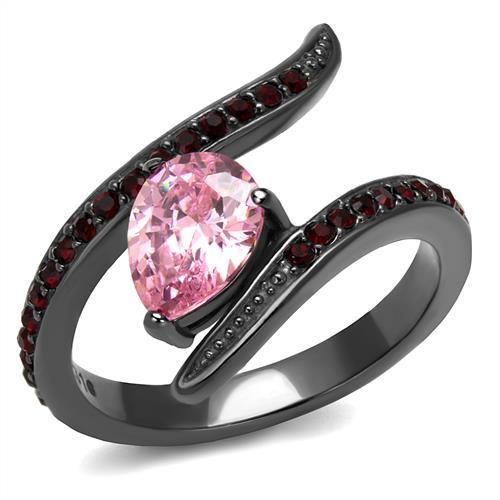 Elegant Women Stainless Steel Ring with Cubic Zirconia in Rose Pear Shape and IP Light Black Finish.
