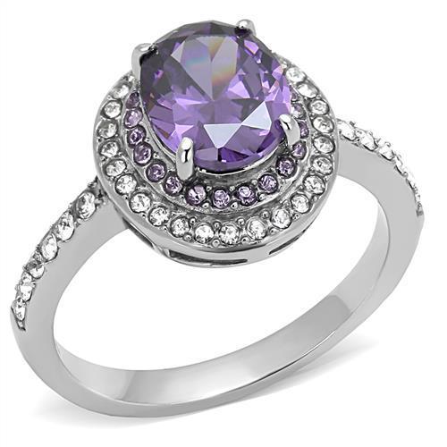 Elegant Women Stainless Steel Ring with Cubic Zirconia and Amethyst centerpiece, showcasing a high polished finish.