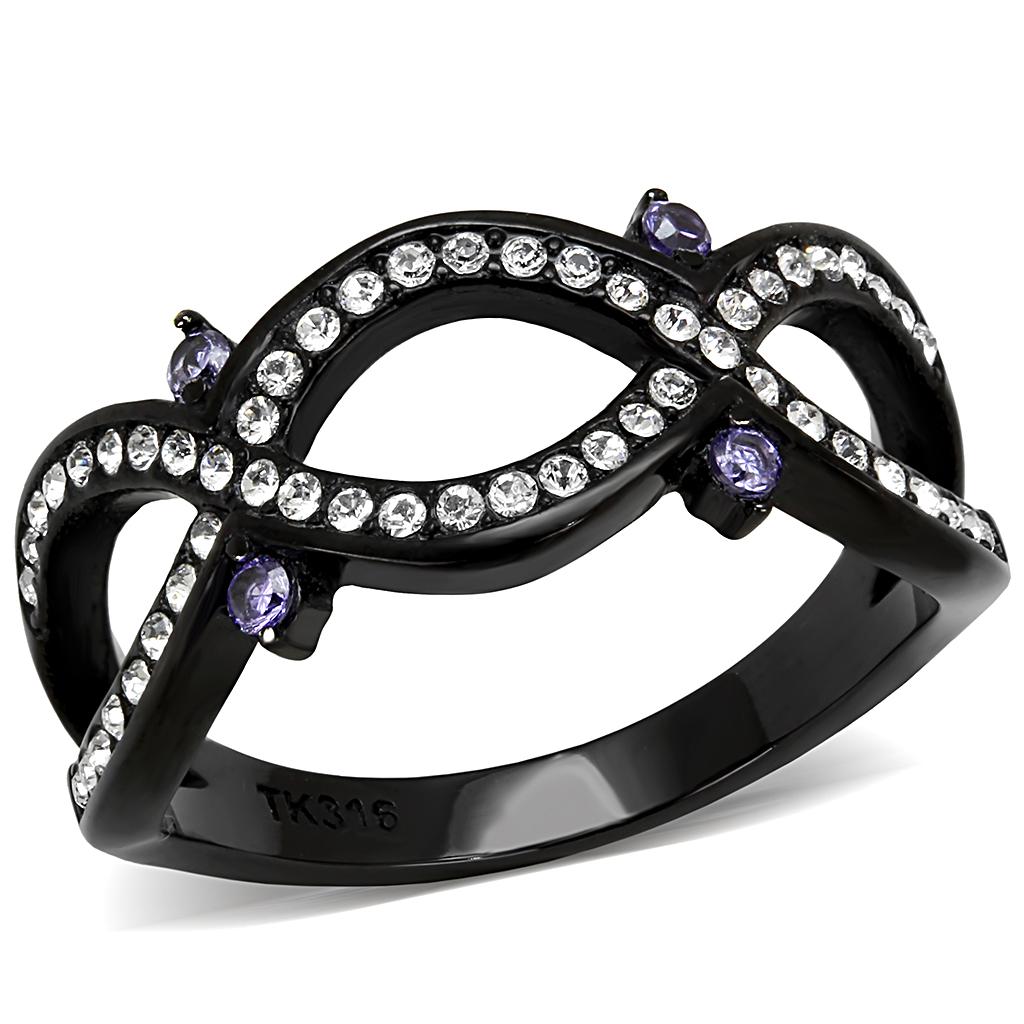 Elegant Women Stainless Steel Ring with Amethyst and Cubic Zirconia accents, featuring IP black ion plating.