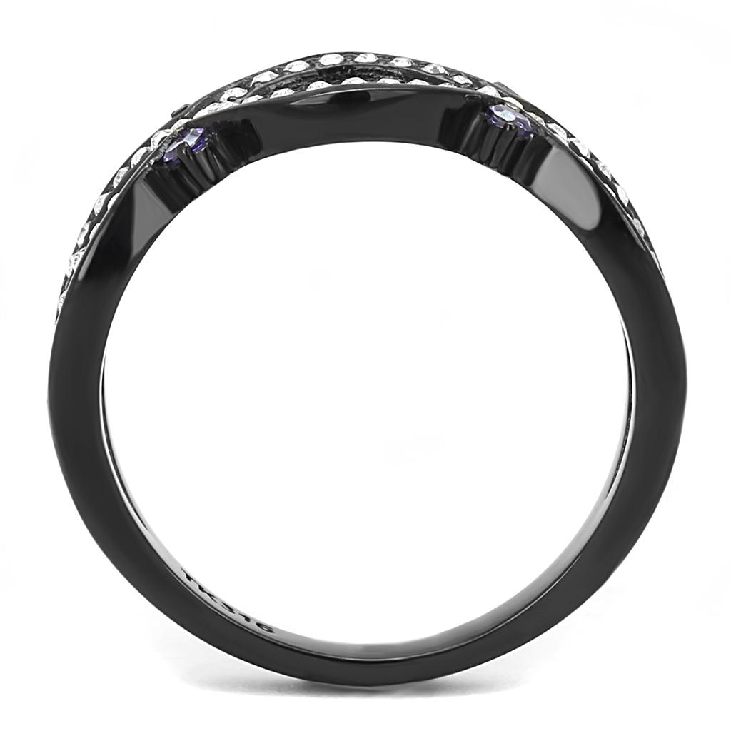 Elegant Women Stainless Steel Ring with Amethyst and Cubic Zirconia accents, featuring IP black ion plating.