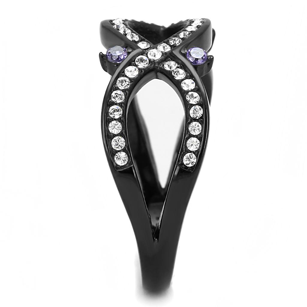 Elegant Women Stainless Steel Ring with Amethyst and Cubic Zirconia accents, featuring IP black ion plating.