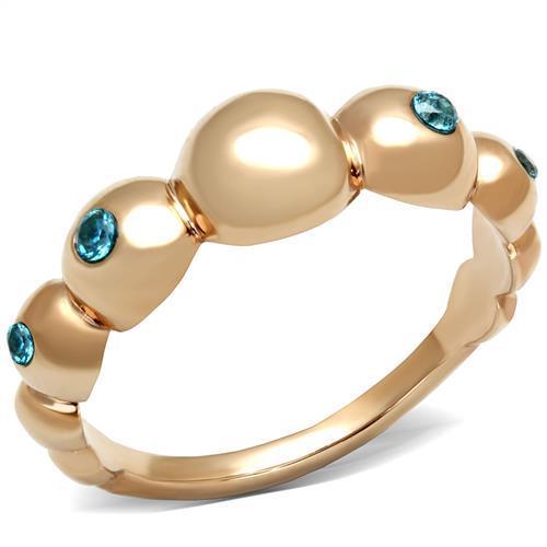 Women Stainless Steel Cubic Zirconia Ring TK3088 with sea blue stone and rose gold plating.