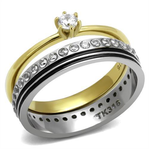 Women Stainless Steel Cubic Zirconia Ring with two-tone gold plating and clear round stones, showcasing elegance and durability.