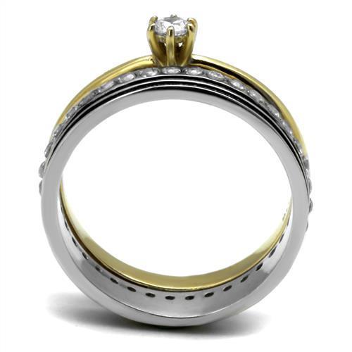 Women Stainless Steel Cubic Zirconia Ring with two-tone gold plating and clear round stones, showcasing elegance and durability.