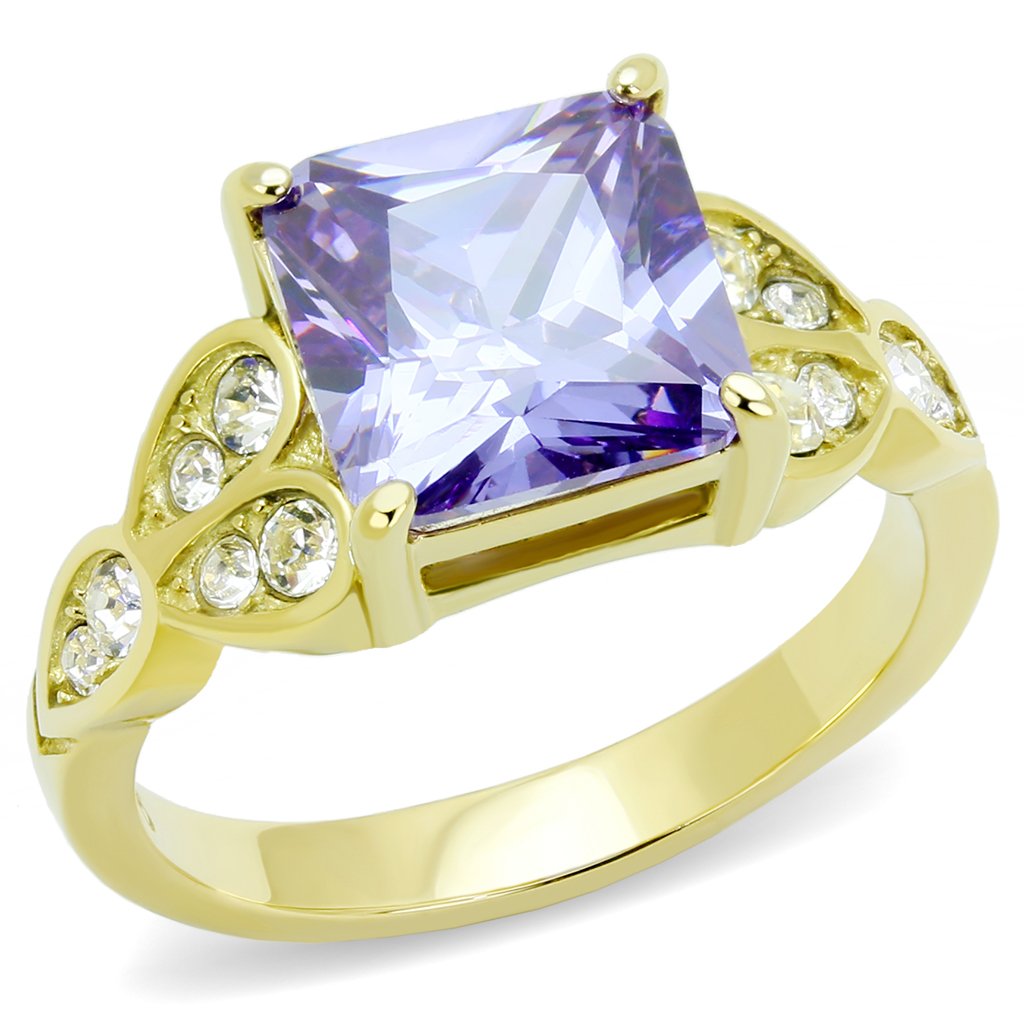 Women Stainless Steel Cubic Zirconia Ring with light amethyst stone and IP gold plating, showcasing elegance and durability.