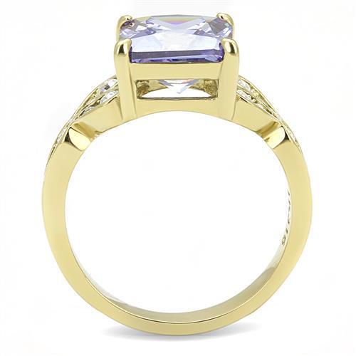 Women Stainless Steel Cubic Zirconia Ring with light amethyst stone and IP gold plating, showcasing elegance and durability.