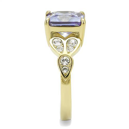 Women Stainless Steel Cubic Zirconia Ring with light amethyst stone and IP gold plating, showcasing elegance and durability.