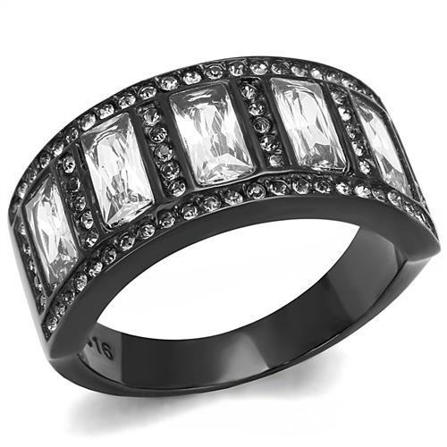 Elegant Women Stainless Steel Ring with Cubic Zirconia, featuring IP Black ion plating and a round clear stone.