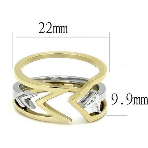 Elegant two-tone stainless steel ring with cubic zirconia stones, designed for women.
