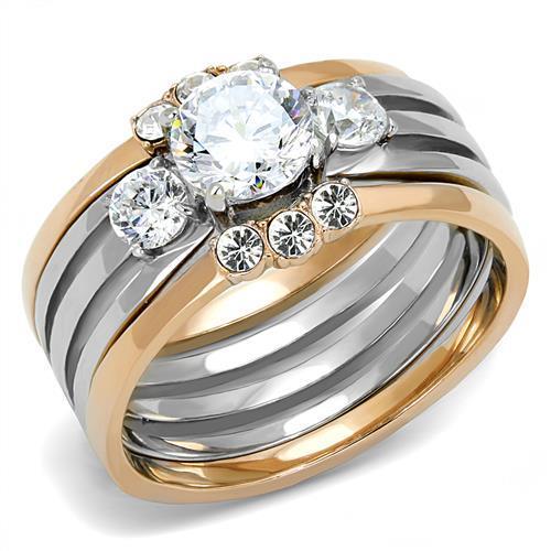 Elegant Women Stainless Steel Cubic Zirconia Ring in two-tone IP rose gold with clear round stones.