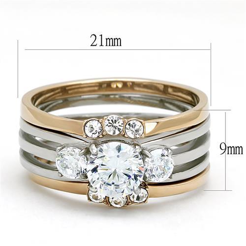 Elegant Women Stainless Steel Cubic Zirconia Ring in two-tone IP rose gold with clear round stones.