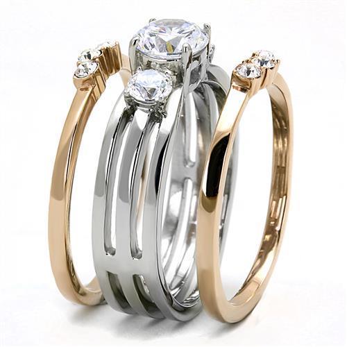 Elegant Women Stainless Steel Cubic Zirconia Ring in two-tone IP rose gold with clear round stones.