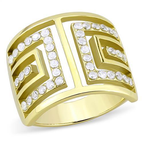 Women Stainless Steel Cubic Zirconia Ring TK3238 with clear stones and gold ion plating, showcasing elegance and durability.