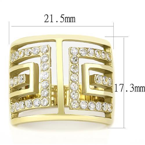 Women Stainless Steel Cubic Zirconia Ring TK3238 with clear stones and gold ion plating, showcasing elegance and durability.