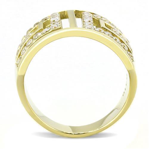 Women Stainless Steel Cubic Zirconia Ring TK3238 with clear stones and gold ion plating, showcasing elegance and durability.