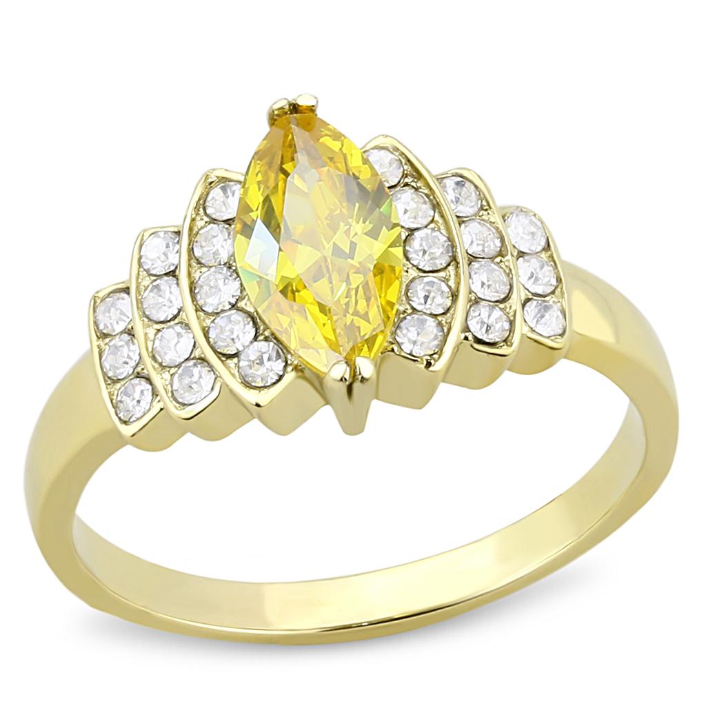 Elegant Women Stainless Steel Ring with Cubic Zirconia and Topaz, featuring IP Gold plating.