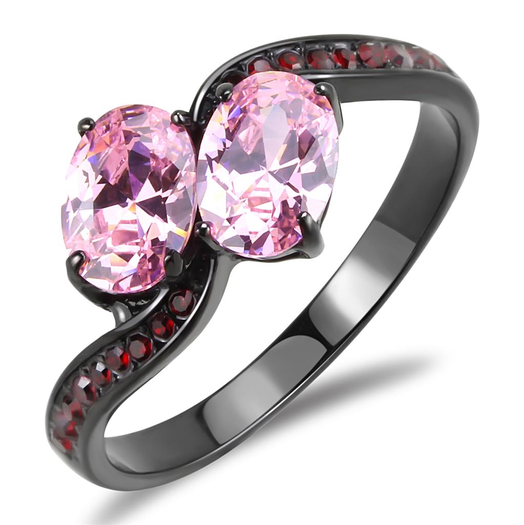 Women Stainless Steel Cubic Zirconia Ring with IP Black finish and rose oval design, showcasing sparkling cubic zirconia stones.