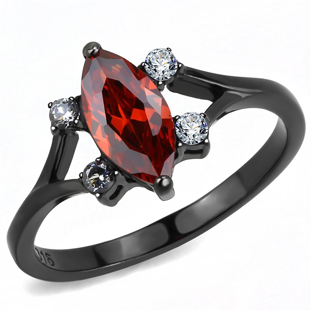 Elegant Women Stainless Steel Ring with Cubic Zirconia and Garnet accents, featuring a sleek IP black finish.