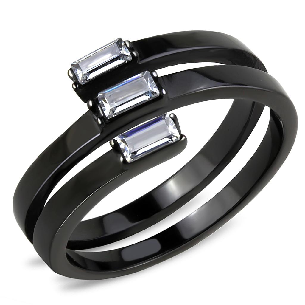 Elegant Women Stainless Steel Ring with Cubic Zirconia stones and IP black ion plating.