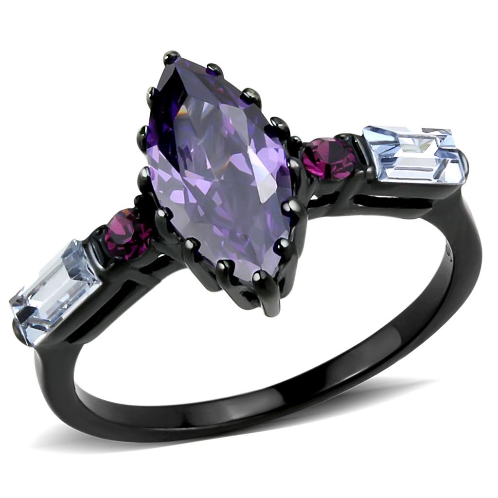 Elegant Women Stainless Steel Ring with Cubic Zirconia and Amethyst accents, featuring a sleek IP black ion plating.