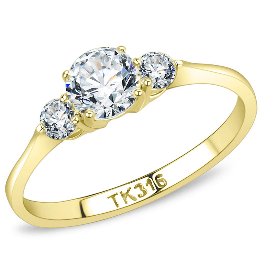 Elegant Women Stainless Steel Ring with Cubic Zirconia, featuring IP Gold finish and clear round stone.