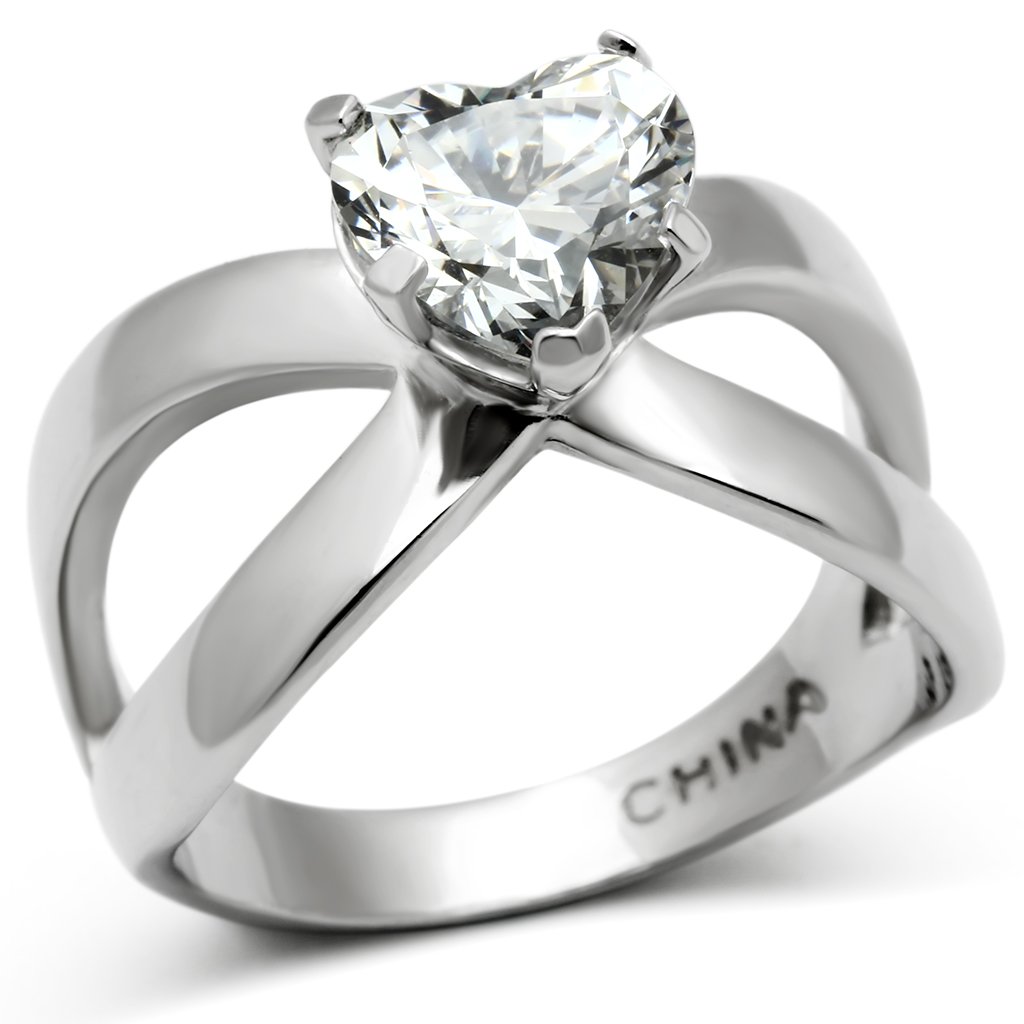 Elegant Women Stainless Steel Ring with Cubic Zirconia, high polished finish, showcasing clear stones.
