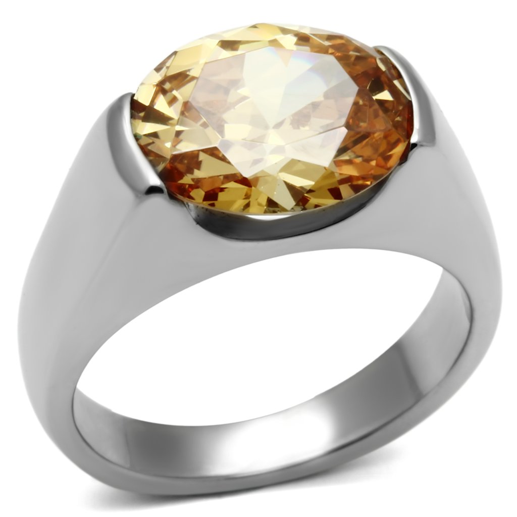 Women Stainless Steel Cubic Zirconia Ring TK622 featuring a high polished finish and champagne colored stones.