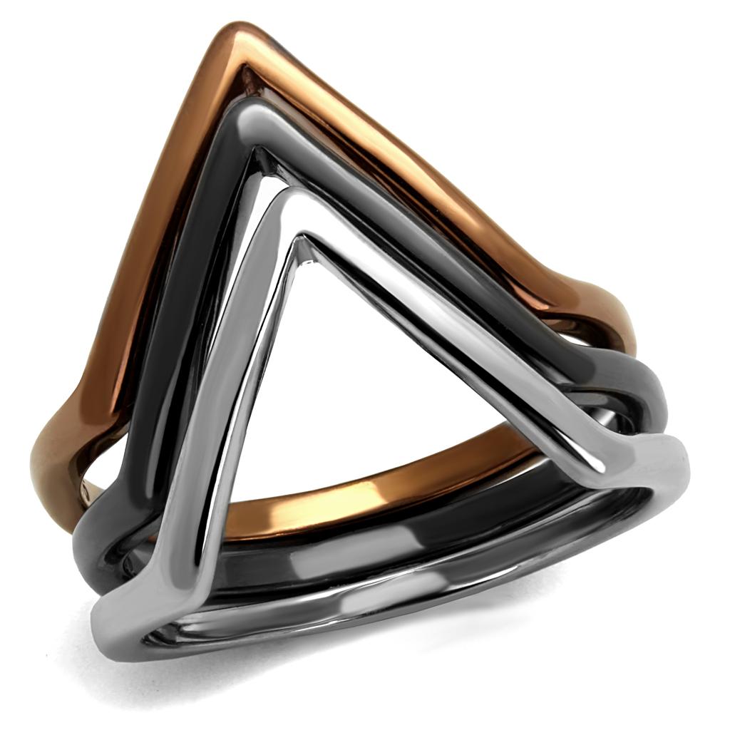 Women Stainless Steel No Stone Ring featuring three-tone design in light coffee, light black, and high polished finish.