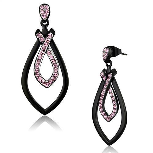 Elegant Women Stainless Steel Earrings with Light Rose Synthetic Crystals and Two-Tone Black Finish.