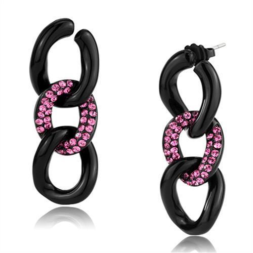 Elegant Women Stainless Steel Earrings with Light Peach Synthetic Crystals and IP Black Ion Plating.