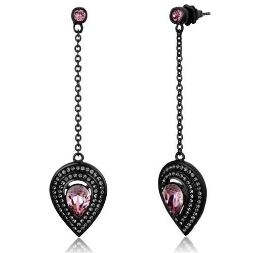 Elegant Women Stainless Steel Earrings with Light Rose Synthetic Crystals and IP Black Ion Plating.
