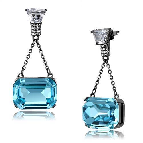 Elegant Women Stainless Steel Earrings with Sea Blue Synthetic Crystals and IP Light Black finish.