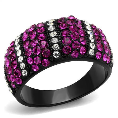 A stylish women's stainless steel ring featuring a vibrant fuchsia synthetic crystal and sleek IP black ion plating.